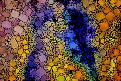Farbiges Mosaik,  bestehend aus vielen kleinen, unregelmäßig geformten Steinchen.