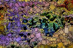 Farbiges Mosaik,  bestehend aus vielen kleinen, unregelmäßig geformten Steinchen.