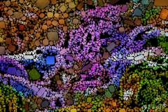 Farbiges Mosaik,  bestehend aus vielen kleinen, unregelmäßig geformten Steinchen.