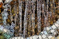 Farbiges Mosaik,  bestehend aus vielen kleinen, unregelmäßig geformten Steinchen.