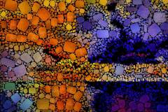 Farbiges Mosaik,  bestehend aus vielen kleinen, unregelmäßig geformten Steinchen.