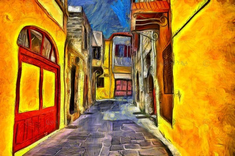 Eine kleine Gasse im mediterranen Stil, Farben wie Terracotta und Ocker erinnern an die aufgehende Sonne.